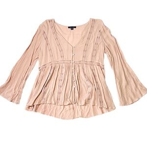 American Eagle Boho Blush Pink Long Sleeve V Neck Blouse Crochet Detail Size M